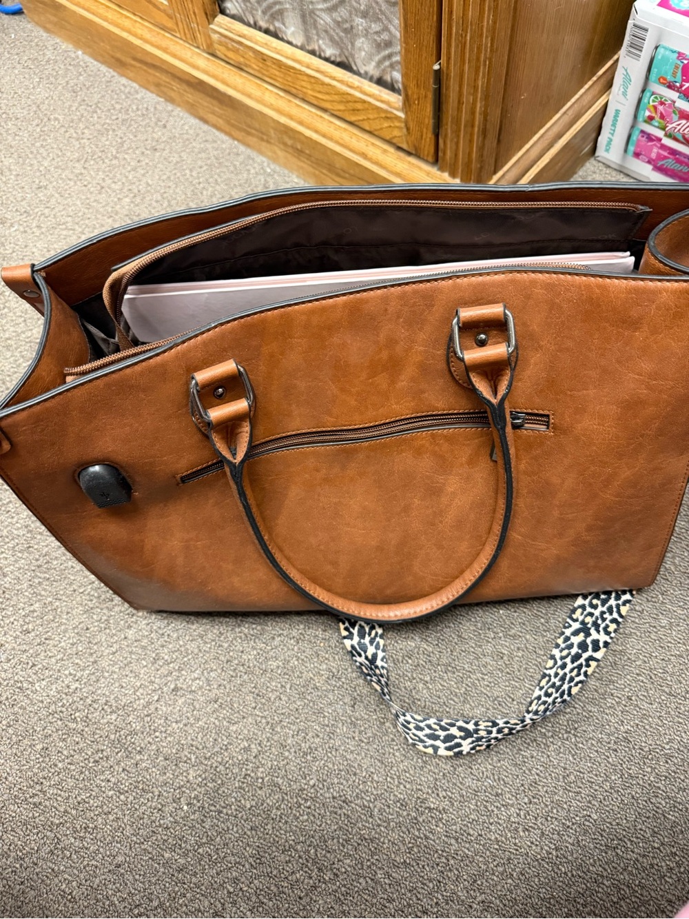 Women’s Tan Leather Tote Bag with Leopard Strap